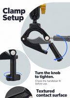 BARUNOR bike EN 20261020 01: Clamp Setup; Turn the knob to tighten.; Check the handlebar fit before use.; Textured contact surface