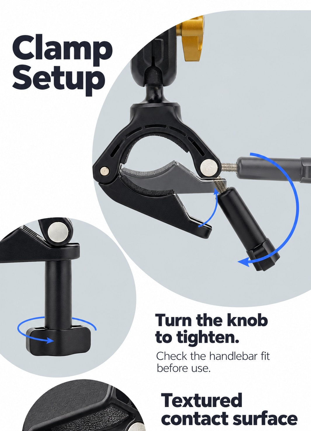 BARUNOR bike EN 20261020 01: Clamp Setup; Turn the knob to tighten.; Check the handlebar fit before use.; Textured contact surface