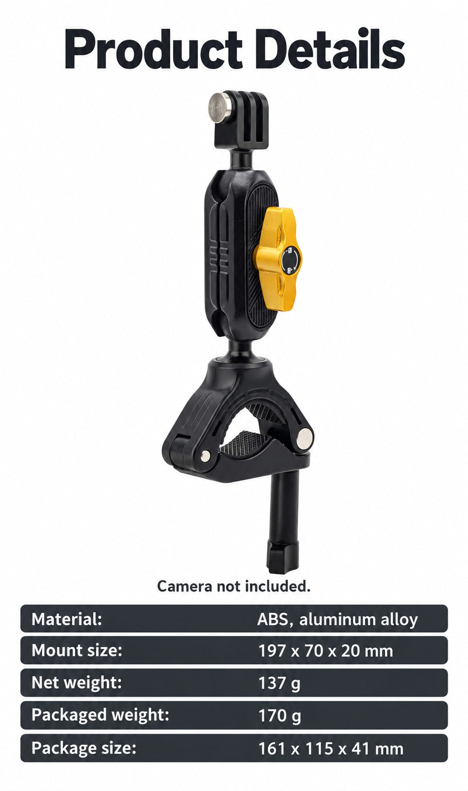 BARUNOR bike EN 20261020 02: Product Details; Material: ABS, aluminum alloy; Mount size: 197 x 70 x 20 mm; Net weight: 137 g; Packaged weight: 170 g; Package size: 161 x 115 x 41 mm; Camera not included.