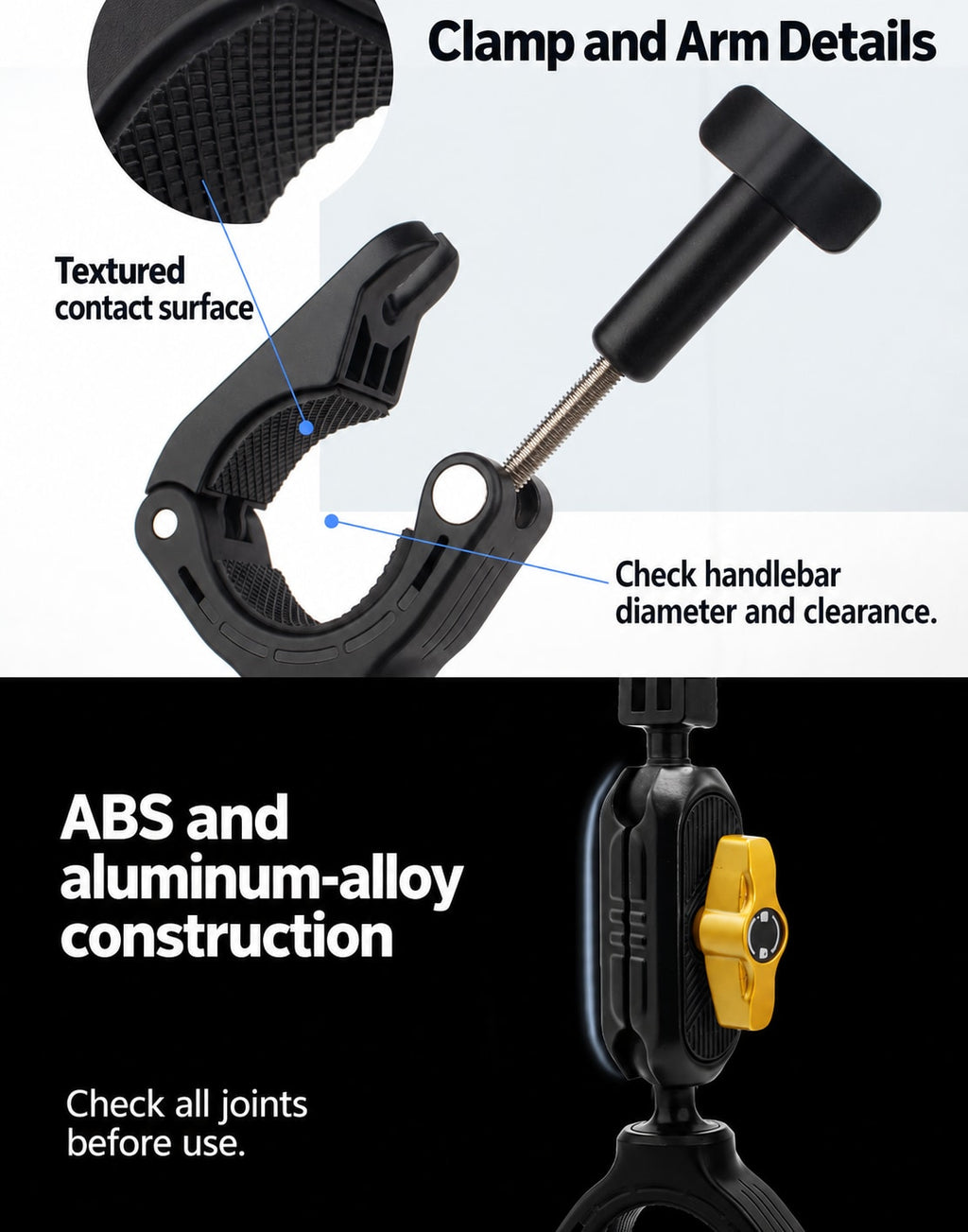 BARUNOR bike EN 20261020 04: Clamp and Arm Details; Textured contact surface; Check handlebar diameter and clearance.; ABS and aluminum-alloy construction; Check all joints before use.