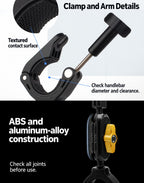 BARUNOR bike EN 20261020 04: Clamp and Arm Details; Textured contact surface; Check handlebar diameter and clearance.; ABS and aluminum-alloy construction; Check all joints before use.