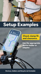 BARUNOR bike EN 20261020 05: Setup Examples; Check clamp fit and clearance.; Use the appropriate device holder or adapter.; Devices, holders and bicycle not included.