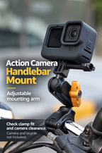 BARUNOR bike EN 20261020 06: Action Camera Handlebar Mount; Adjustable mounting arm; Check clamp fit and camera clearance.; Camera and bicycle not included.