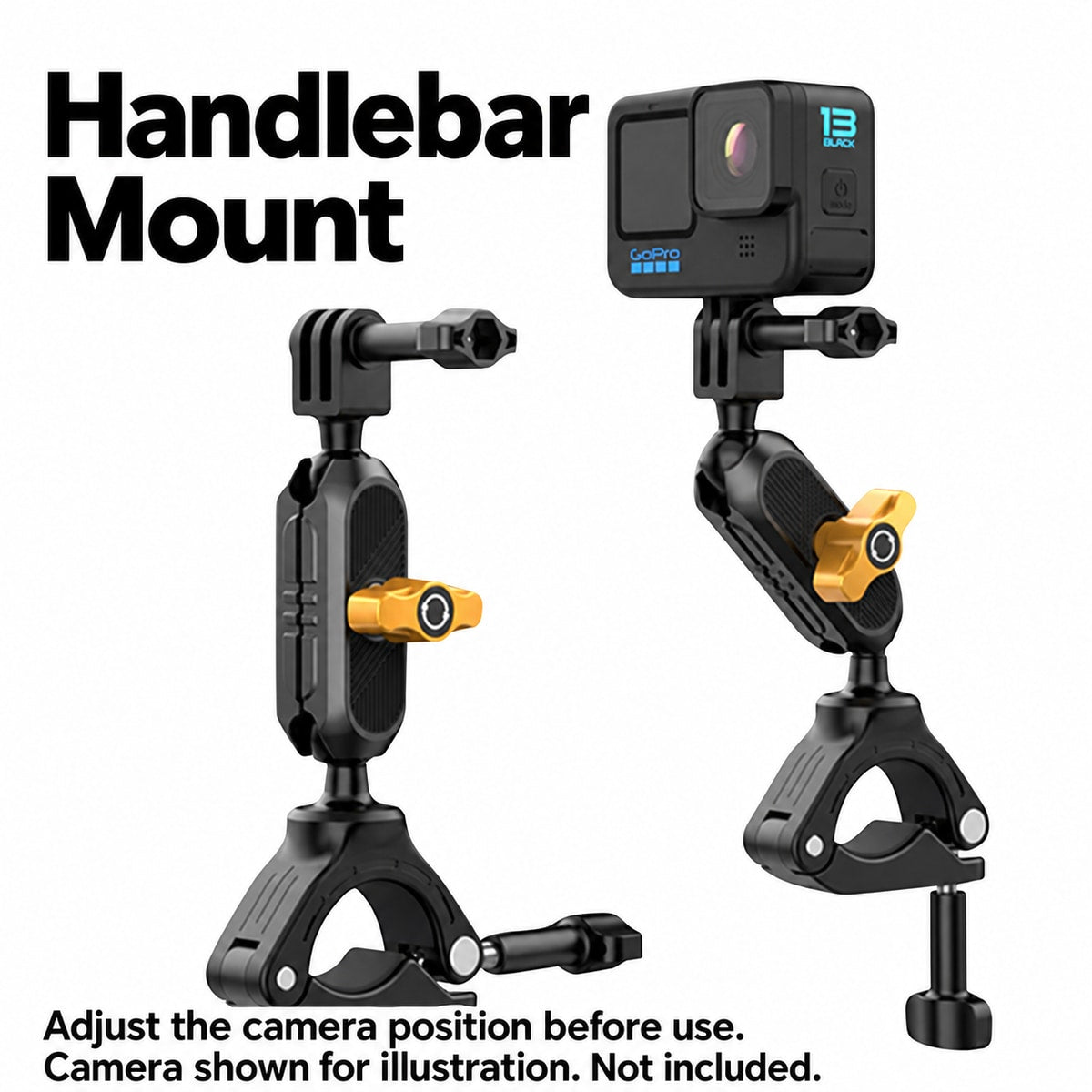 BARUNOR bike EN 20261020 07: Handlebar Mount; Adjust the camera position before use.; Camera shown for illustration. Not included.