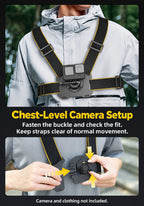 BARUNOR chest EN 20261020 01: Chest-Level Camera Setup; Fasten the buckle and check the fit.; Keep straps clear of normal movement.; Camera and clothing not included.