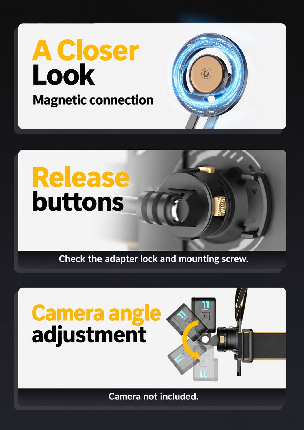 BARUNOR chest EN 20261020 02: A Closer Look; Magnetic connection; Release buttons; Camera angle adjustment; Check the adapter lock and mounting screw.; Camera not included.