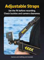 BARUNOR chest EN 20261020 03: Adjustable Straps; Set the fit before recording.; Check buckles and camera clearance.; Camera and clothing not included.