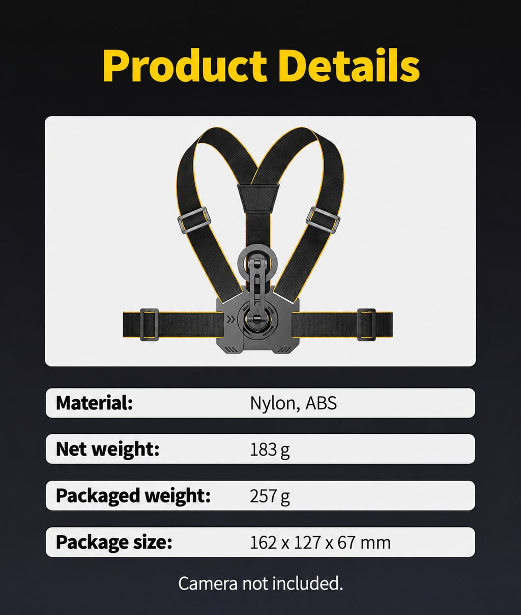 BARUNOR chest EN 20261020 05: Product Details; Material: Nylon, ABS; Net weight: 183 g; Packaged weight: 257 g; Package size: 162 x 127 x 67 mm; Camera not included.