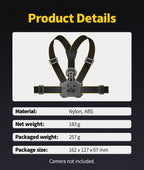BARUNOR chest EN 20261020 05: Product Details; Material: Nylon, ABS; Net weight: 183 g; Packaged weight: 257 g; Package size: 162 x 127 x 67 mm; Camera not included.