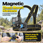 BARUNOR chest EN 20261020 06: Magnetic Chest Mount Harness; A compatible hands-free camera setup; Check strap fit and adapter engagement.; Camera not included.