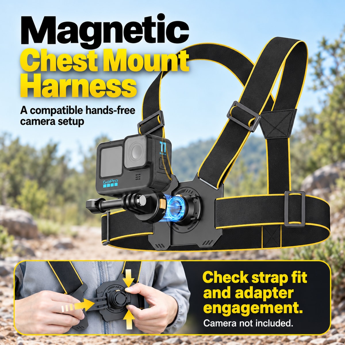 BARUNOR chest EN 20261020 06: Magnetic Chest Mount Harness; A compatible hands-free camera setup; Check strap fit and adapter engagement.; Camera not included.