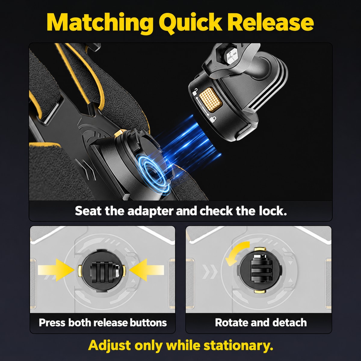 BARUNOR chest EN 20261020 07: Matching Quick Release; Seat the adapter and check the lock.; Press both release buttons; Rotate and detach; Adjust only while stationary.