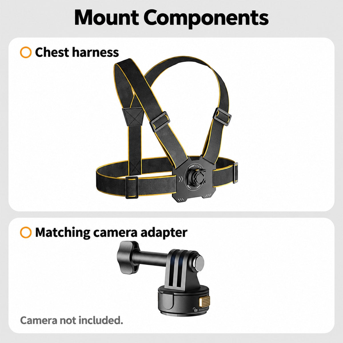 BARUNOR chest EN 20261020 08: Mount Components; Chest harness; Matching camera adapter; Camera not included.