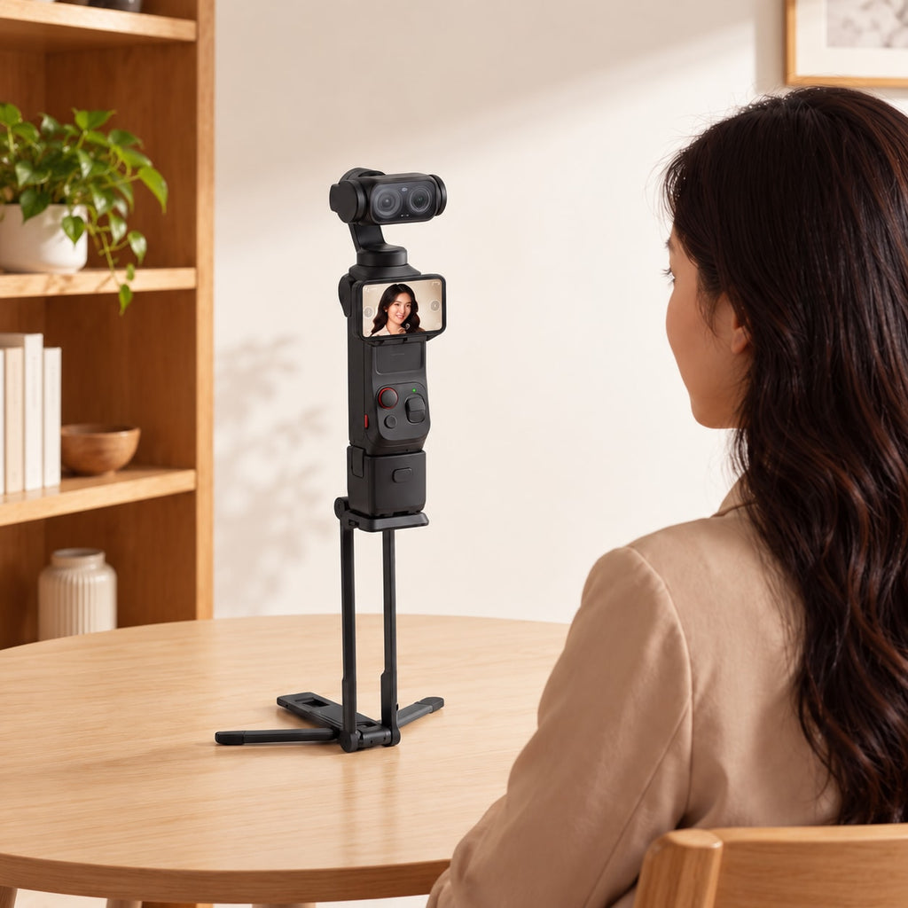 BARUNOR square scene 20261019: Square tabletop usage illustration of the folding mini tripod; camera not included