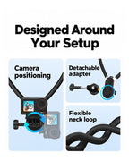 BARUNOR neck EN 20261020 02: Designed Around Your Setup; Magnetic connection; Camera positioning; Detachable adapter; Flexible neck loop; Check the mounting connection.; Camera not included. - panel 2 of 3 | BARUNOR detail 4:5 20261022