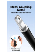 BARUNOR neck EN 20261020 05: Metal Coupling Detail; Check the latch before use.; Open the loop as illustrated. | BARUNOR detail 4:5 20261022