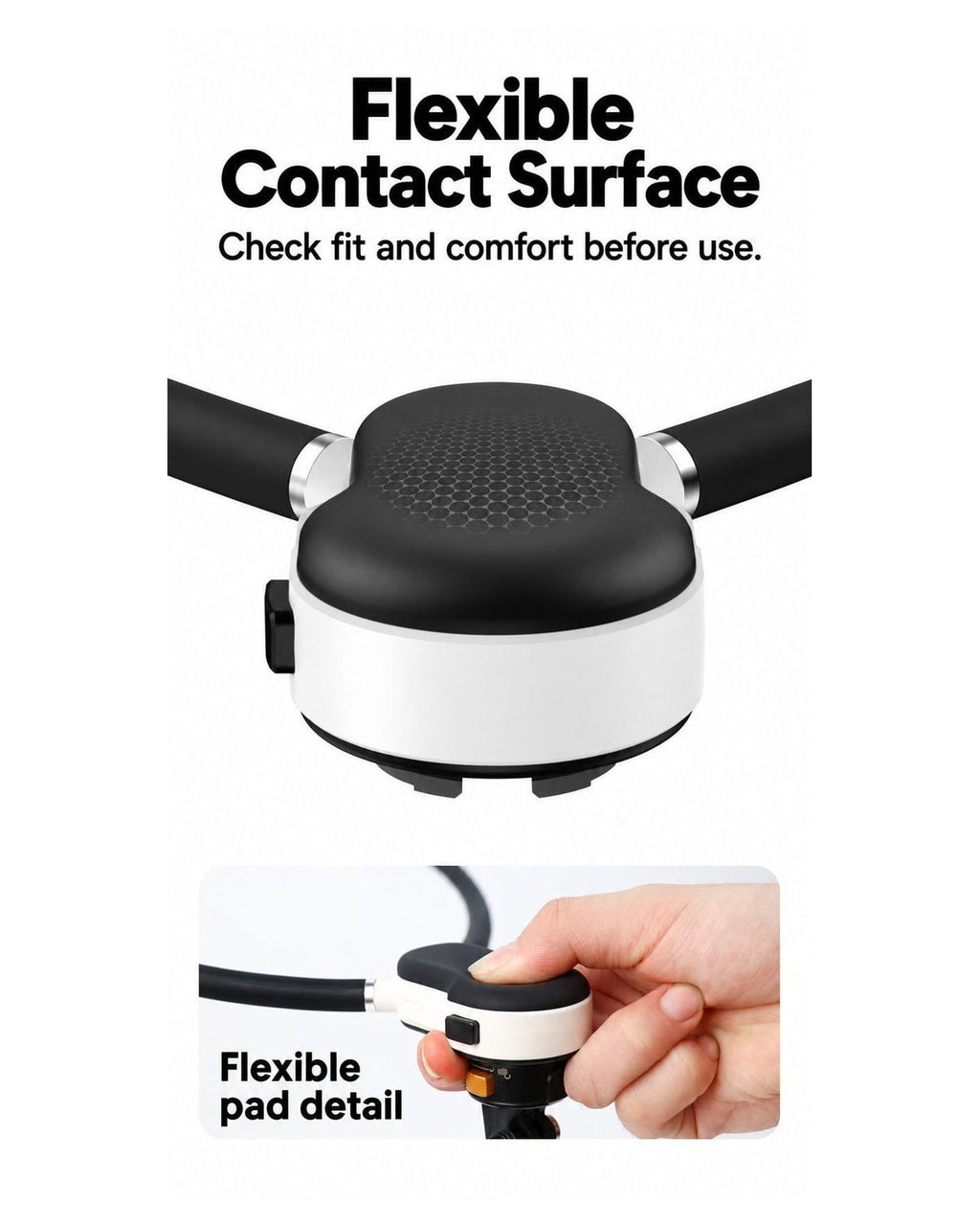 BARUNOR neck EN 20261020 06: Flexible Contact Surface; Check fit and comfort before use.; Flexible pad detail | BARUNOR detail 4:5 20261022
