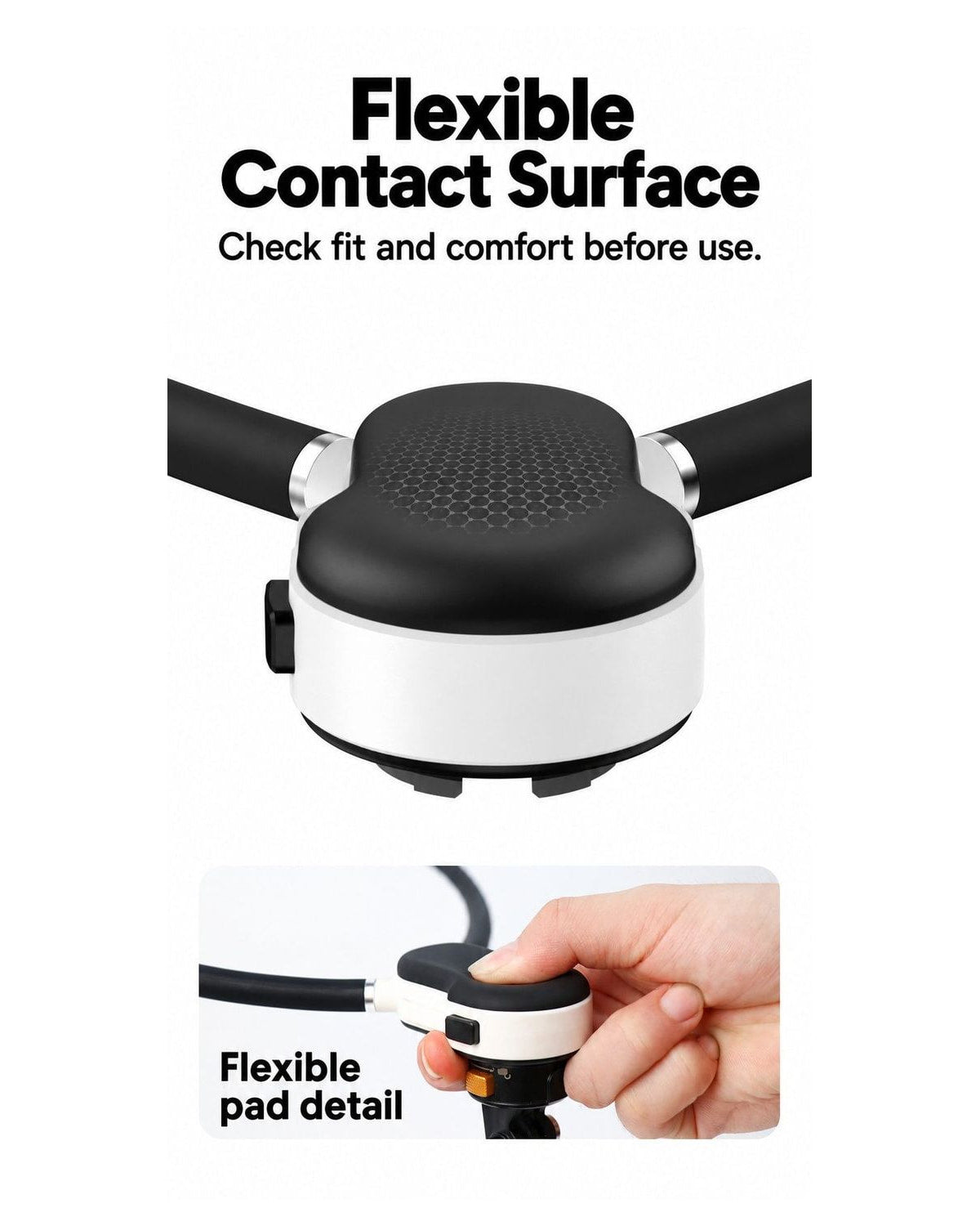 BARUNOR neck EN 20261020 06: Flexible Contact Surface; Check fit and comfort before use.; Flexible pad detail | BARUNOR detail 4:5 20261022
