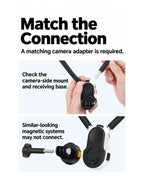 BARUNOR neck EN 20261020 08: Match the Connection; A matching camera adapter is required.; Check the camera-side mount and receiving base.; Similar-looking magnetic systems may not connect. | BARUNOR detail 4:5 20261022