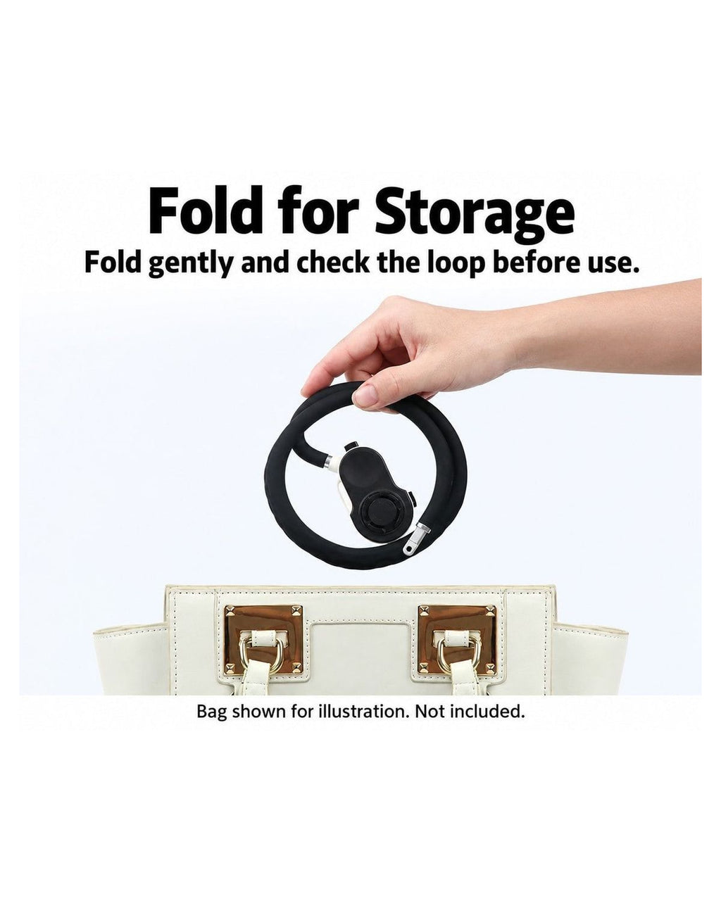 BARUNOR neck EN 20261020 10: Fold for Storage; Fold gently and check the loop before use.; Bag shown for illustration. Not included. | BARUNOR detail 4:5 20261022