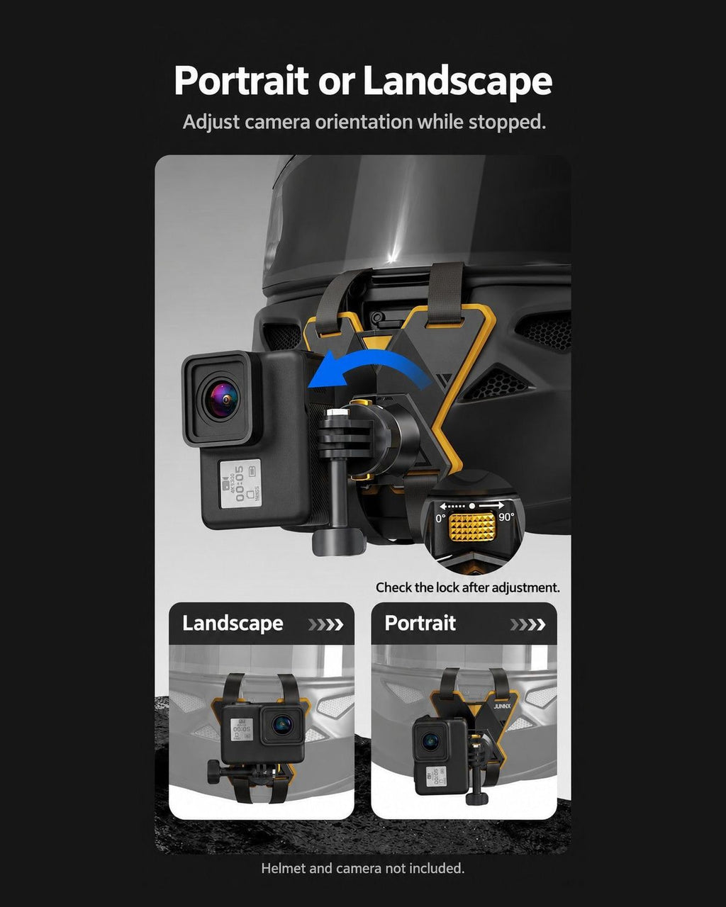 BARUNOR helmet-chin EN 20261020 01: Portrait and landscape camera positioning on the helmet chin mount; adjust while stopped | BARUNOR detail 4:5 20261022