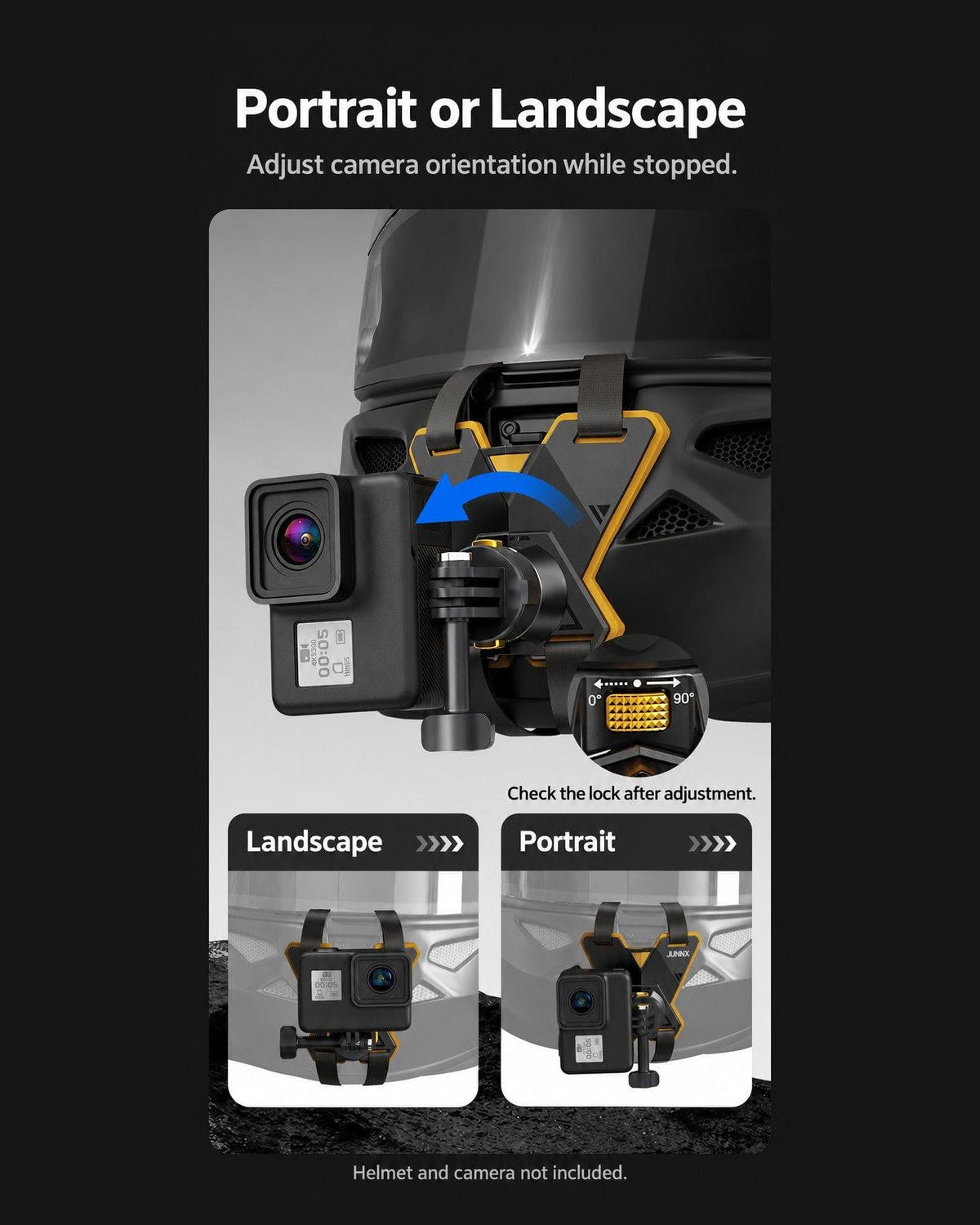 BARUNOR helmet-chin EN 20261020 01: Portrait and landscape camera positioning on the helmet chin mount; adjust while stopped | BARUNOR detail 4:5 20261022