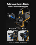 BARUNOR helmet-chin EN 20261020 03: Detachable camera adapter with dual release-button and rotation illustrations | BARUNOR detail 4:5 20261022