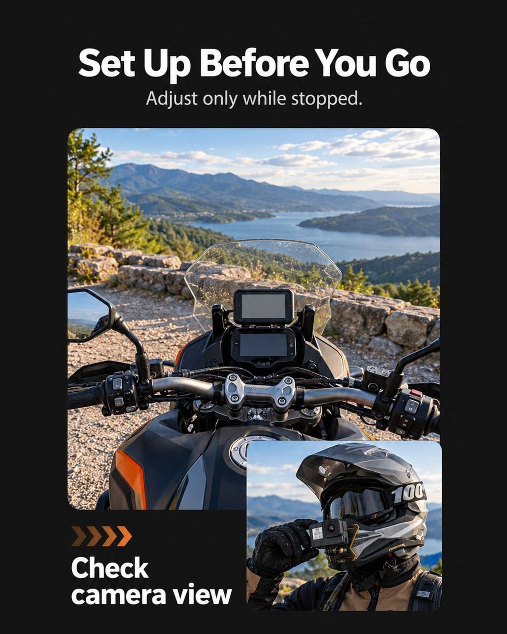 BARUNOR helmet-chin EN 20261020 04: Illustrated stationary pre-departure attachment and camera-view checks; not a speed or safety test - panel 1 of 2 | BARUNOR detail 4:5 20261022