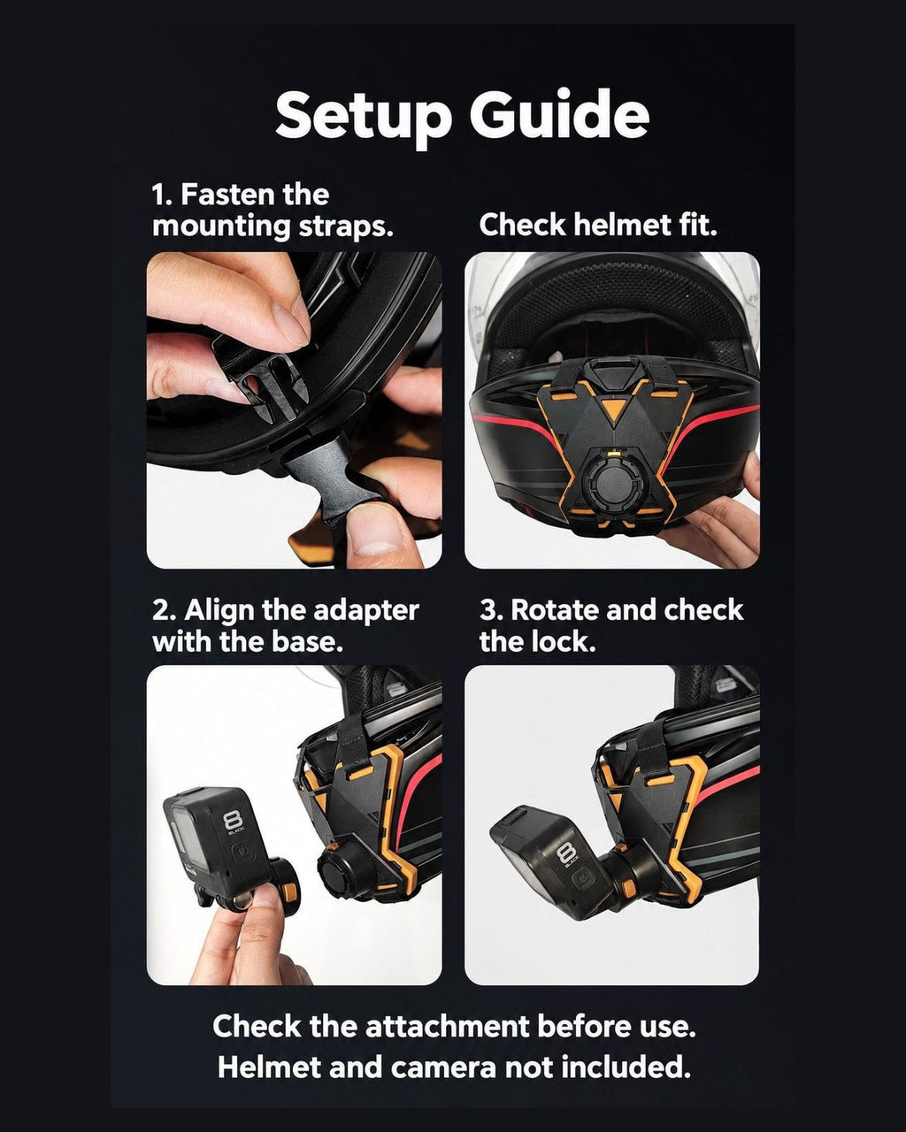 BARUNOR helmet-chin EN 20261020 05: Helmet chin-mount setup guide: fasten straps, check helmet fit, align the adapter and check the lock | BARUNOR detail 4:5 20261022