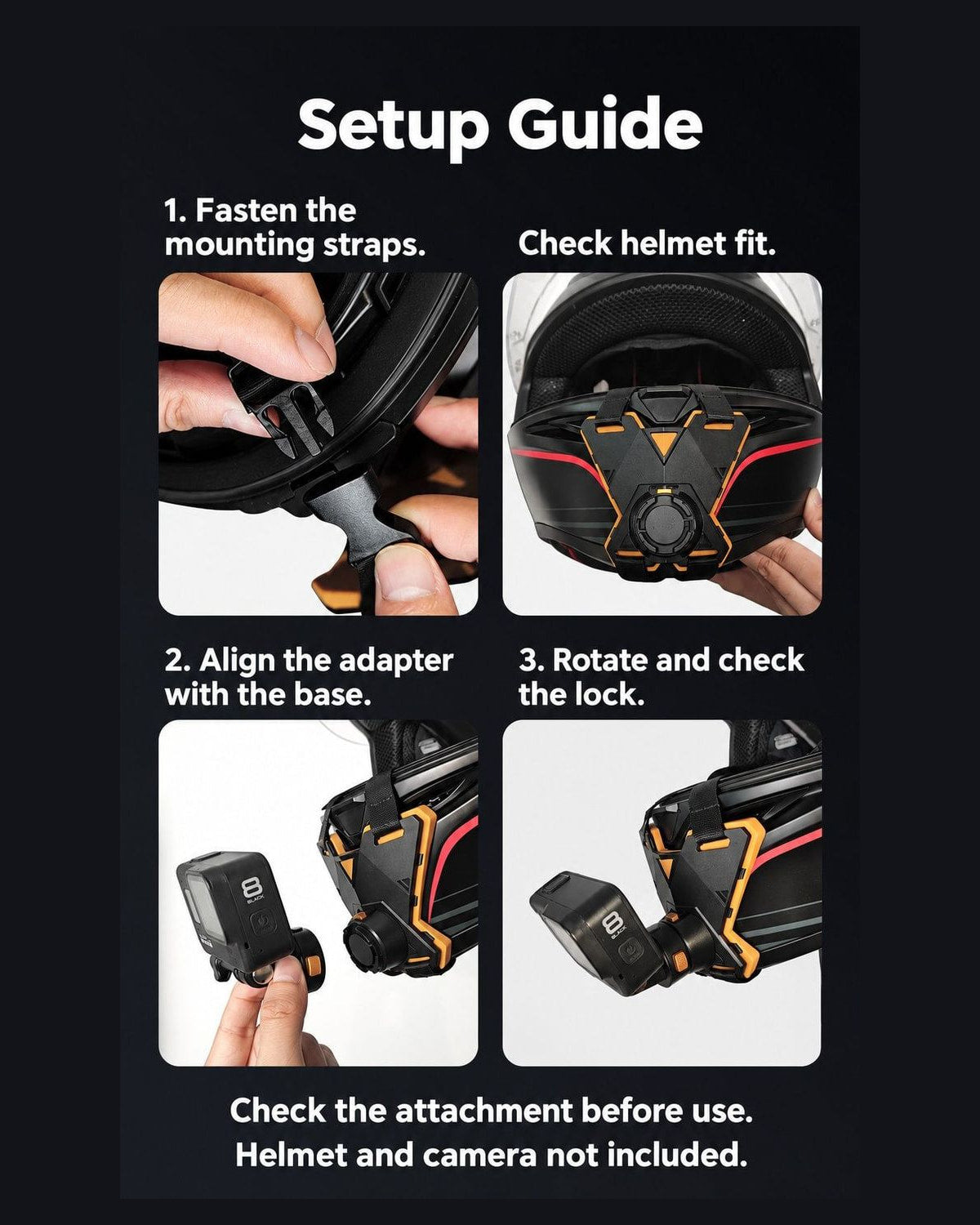 BARUNOR helmet-chin EN 20261020 05: Helmet chin-mount setup guide: fasten straps, check helmet fit, align the adapter and check the lock | BARUNOR detail 4:5 20261022