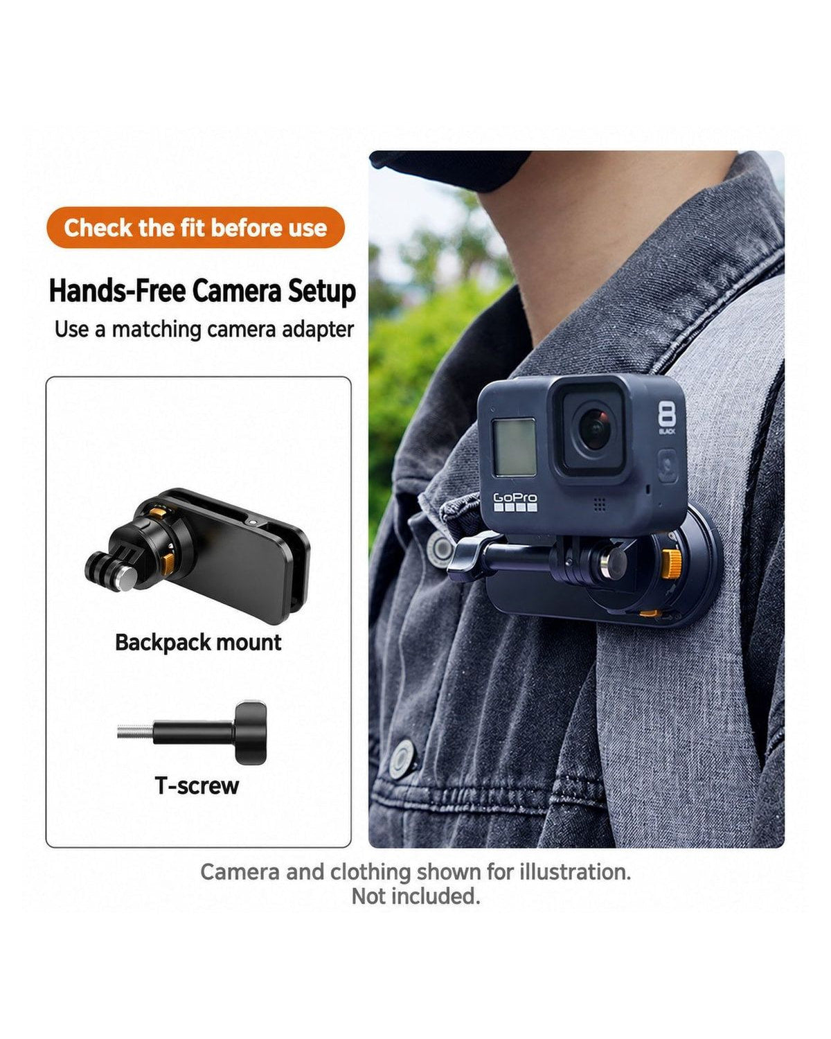 BARUNOR dual-backpack EN 20261020 08: Wearable camera installation with backpack mount and T-screw shown separately; camera and clothing not included | BARUNOR detail 4:5 20261022