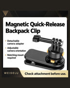 BARUNOR dual-backpack EN 20261020 09: WEIDELU magnetic quick-release backpack clip with detachable adapter and adjustable camera orientation | BARUNOR detail 4:5 20261022