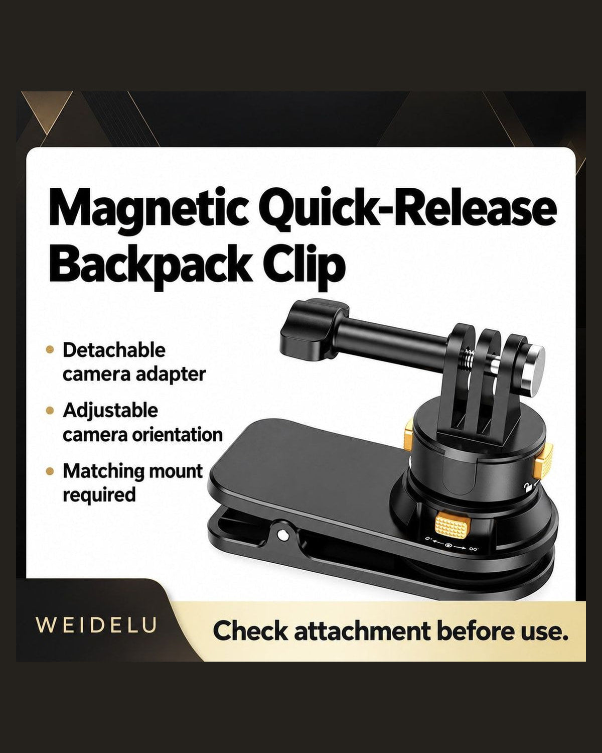 BARUNOR dual-backpack EN 20261020 09: WEIDELU magnetic quick-release backpack clip with detachable adapter and adjustable camera orientation | BARUNOR detail 4:5 20261022