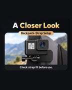 BARUNOR dual-backpack EN 20261020 04: Backpack-strap setup, camera positioning and detachable adapter details; camera shown for illustration - panel 1 of 3 | BARUNOR detail 4:5 20261022