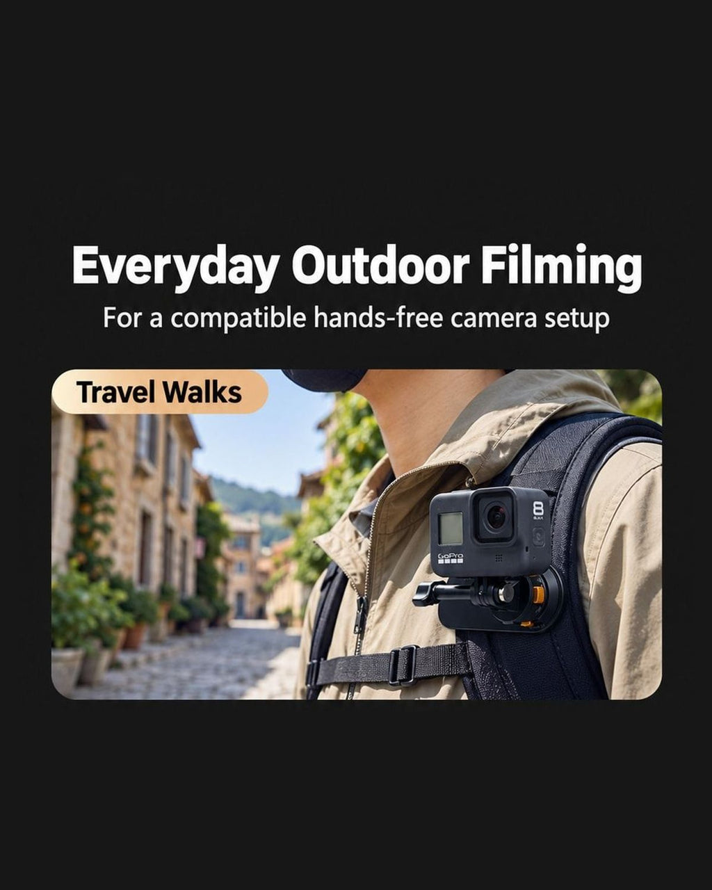 BARUNOR dual-backpack EN 20261020 03: Illustrated travel walks, outdoor moments and hiking uses with a compatible backpack camera setup; camera not included - panel 1 of 3 | BARUNOR detail 4:5 20261022