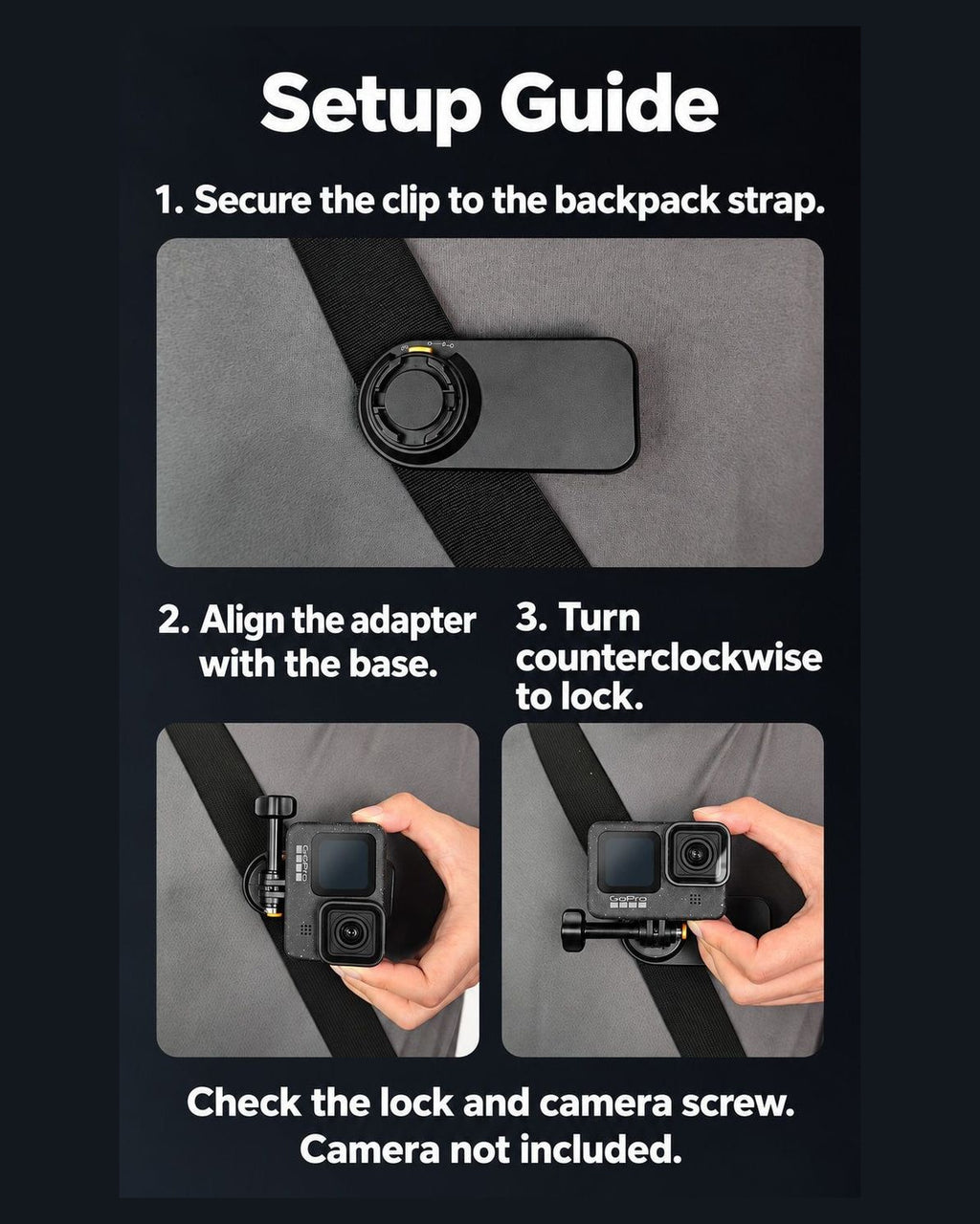BARUNOR dual-backpack EN 20261020 05: Setup guide showing strap attachment, adapter alignment and counterclockwise locking (large-type mobile revision) | BARUNOR detail 4:5 20261022