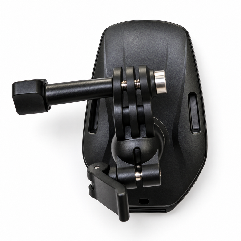 Hidden magnetic neck camera mount - complete black articulated mount assembly on white