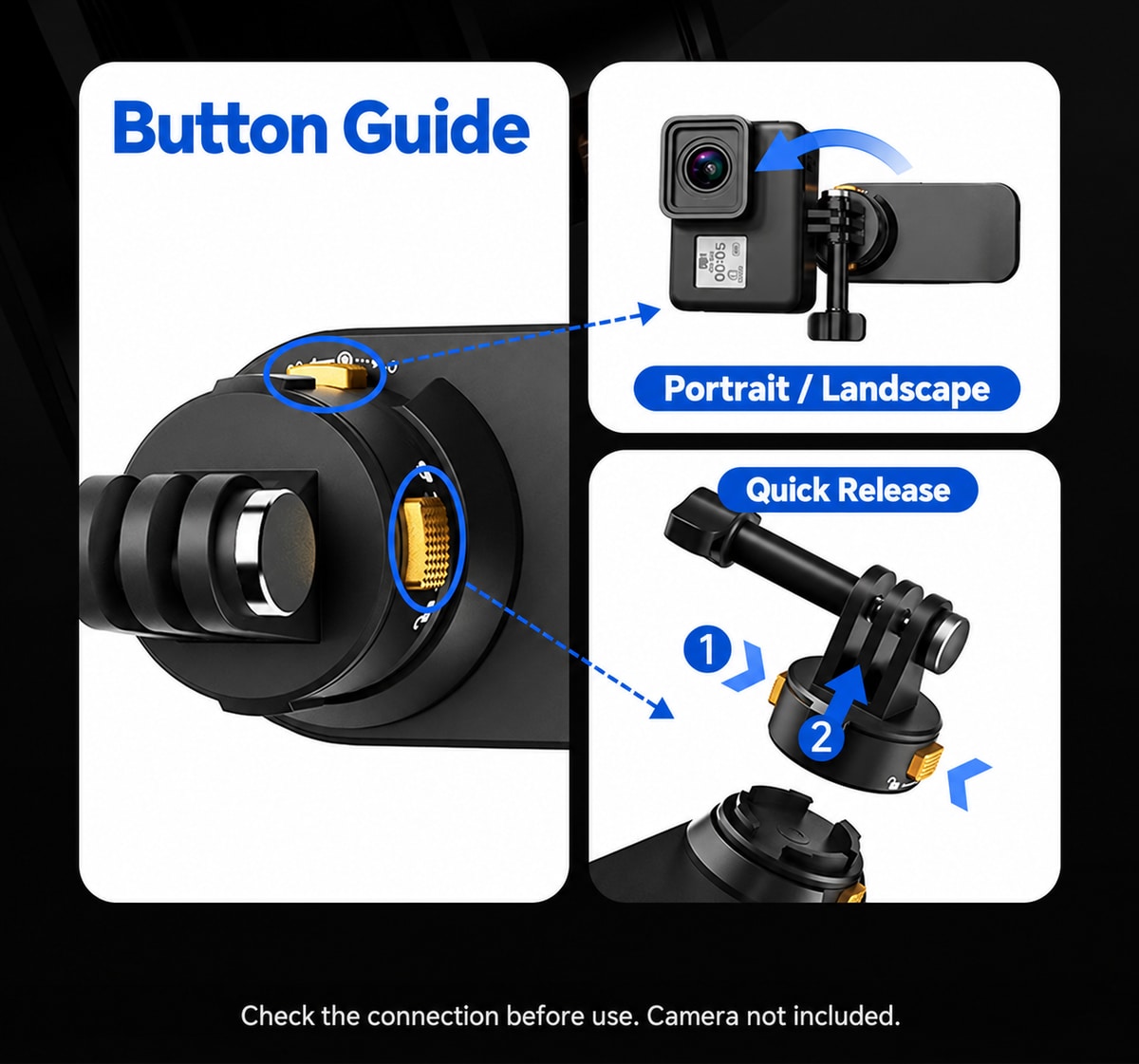 BARUNOR dual-backpack EN 20261020 02: Button guide showing portrait and landscape camera positioning and the detachable camera adapter