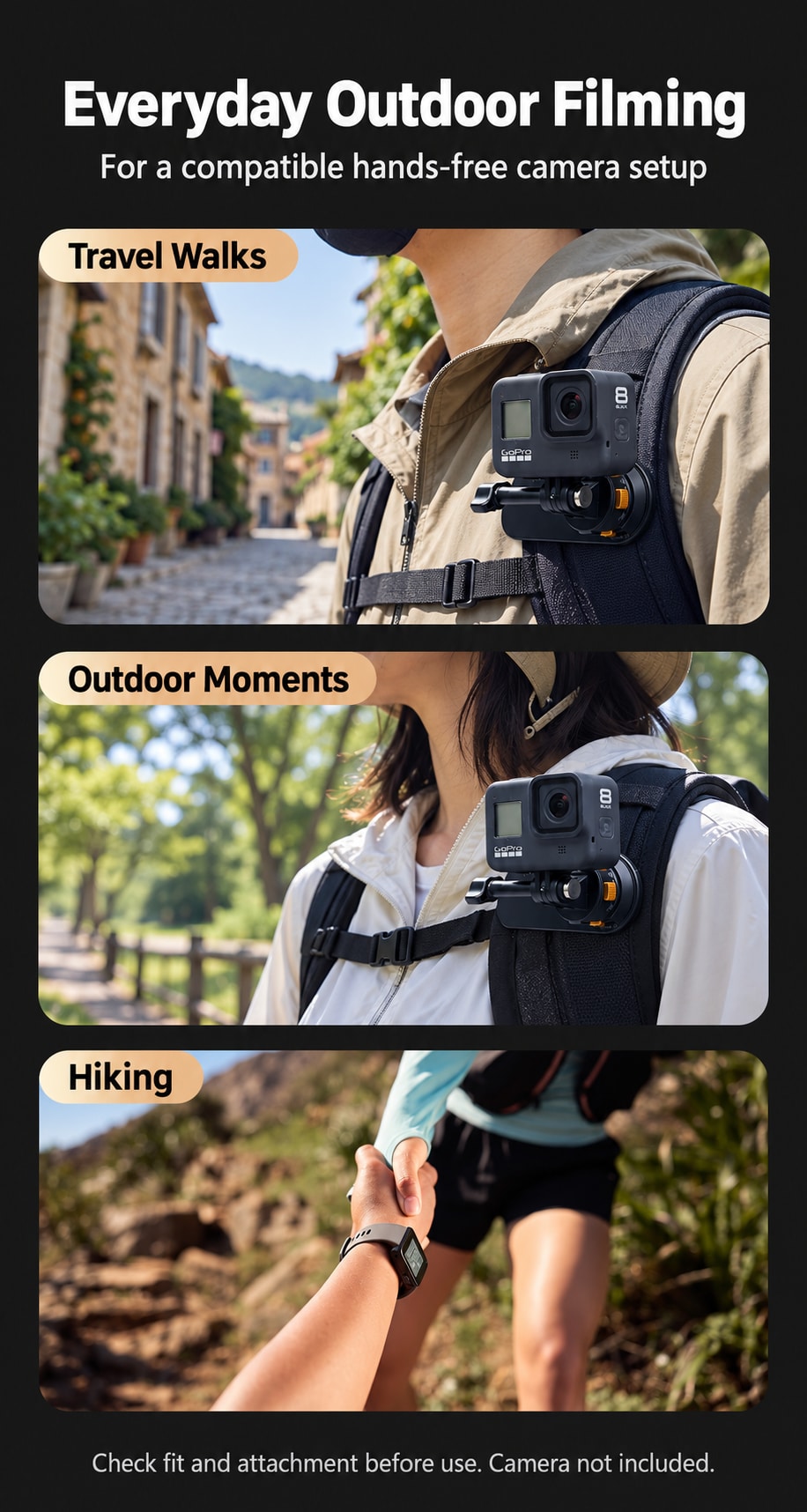 BARUNOR dual-backpack EN 20261020 03: Illustrated travel walks, outdoor moments and hiking uses with a compatible backpack camera setup; camera not included