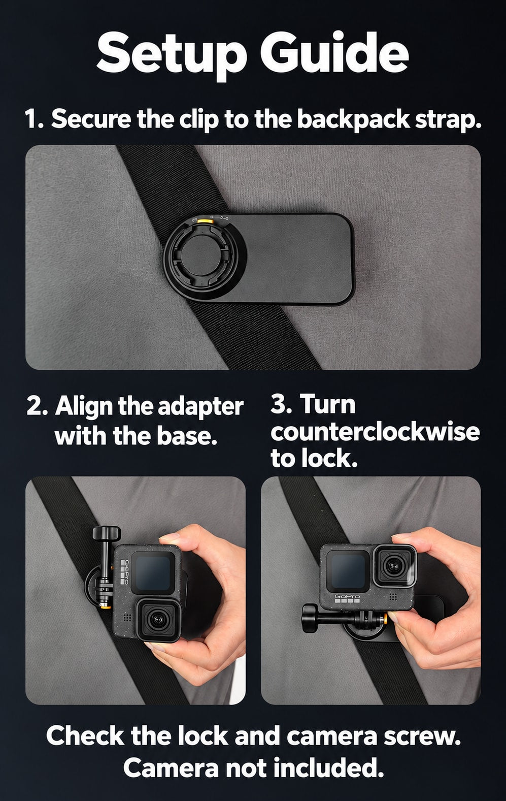 BARUNOR dual-backpack EN 20261020 05: Setup guide showing strap attachment, adapter alignment and counterclockwise locking (large-type mobile revision)