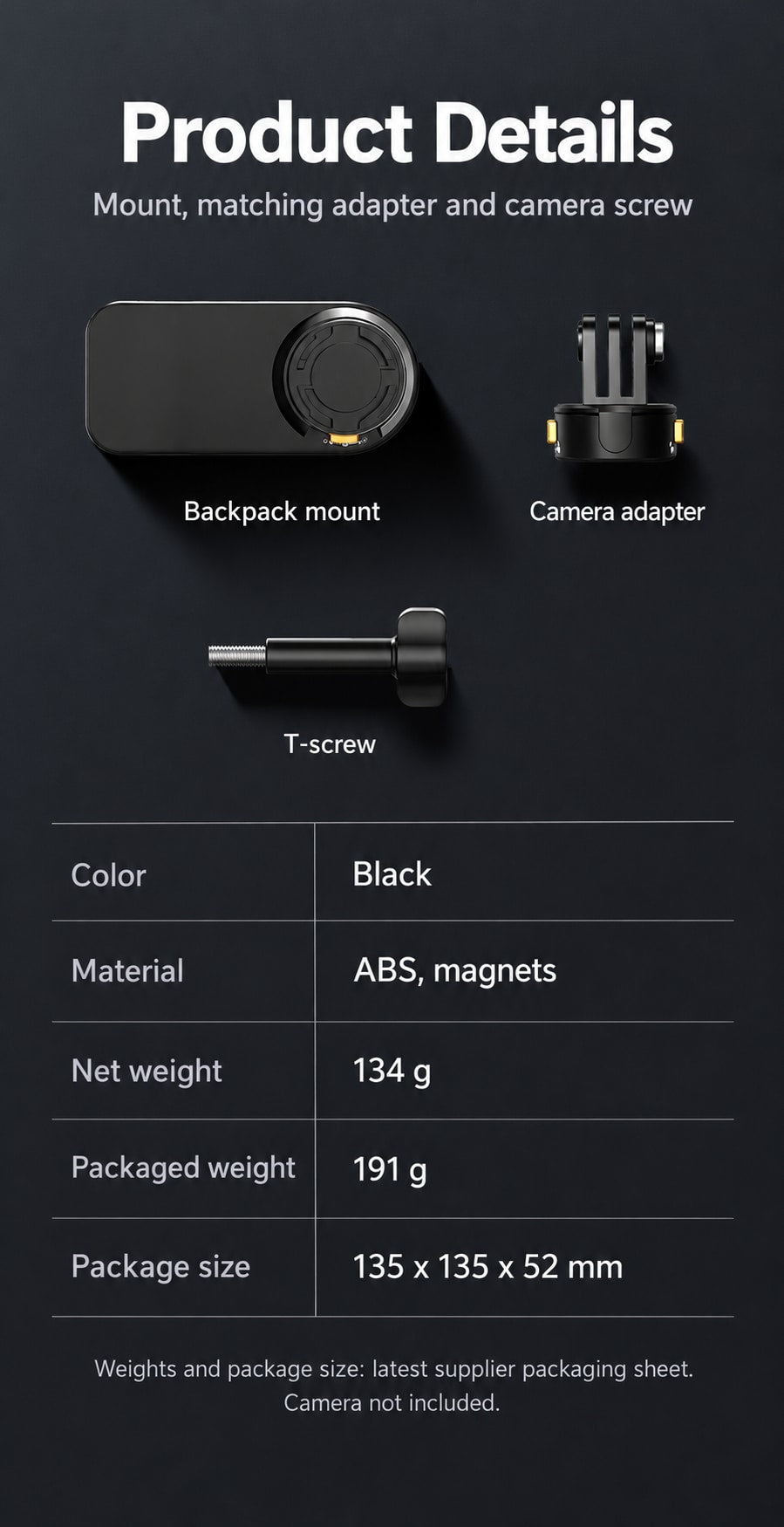 BARUNOR dual-backpack EN 20261020 06: Product details: ABS and magnets, net weight 134 g, packaged weight 191 g, package size 135 x 135 x 52 mm