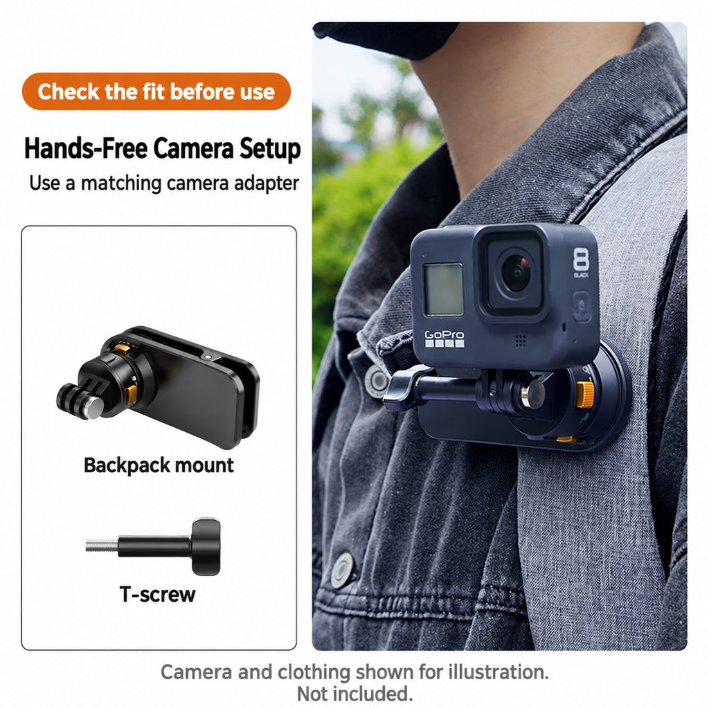 BARUNOR dual-backpack EN 20261020 08: Wearable camera installation with backpack mount and T-screw shown separately; camera and clothing not included