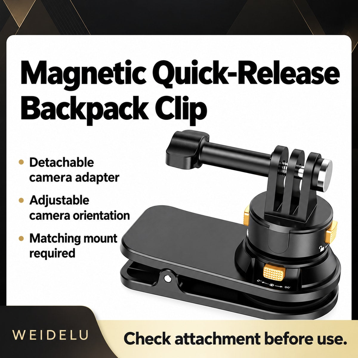 BARUNOR dual-backpack EN 20261020 09: WEIDELU magnetic quick-release backpack clip with detachable adapter and adjustable camera orientation