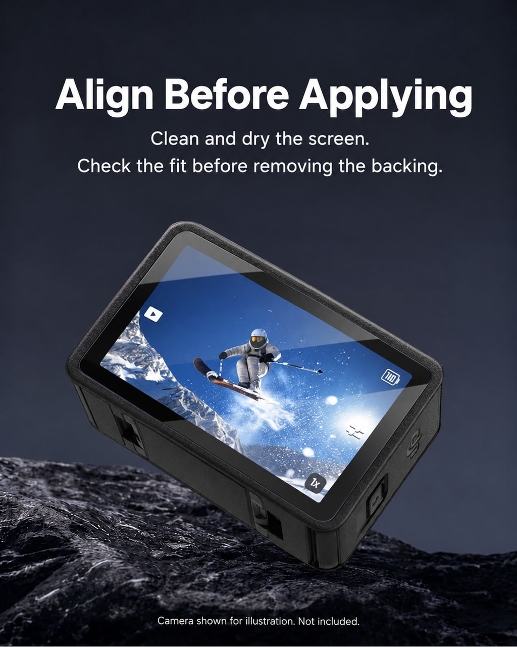 Align the Action 6 screen protector on a clean, dry screen before applying; camera not included