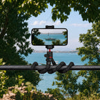 BARUNOR square scene 20261019: Square flexible-tripod installation illustration on a stationary railing; phone and clamp not included