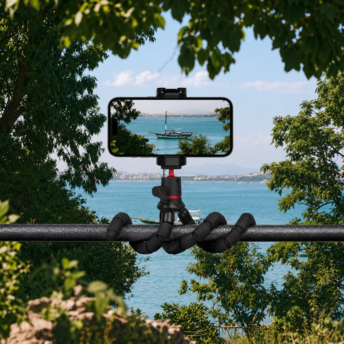 BARUNOR square scene 20261019: Square flexible-tripod installation illustration on a stationary railing; phone and clamp not included