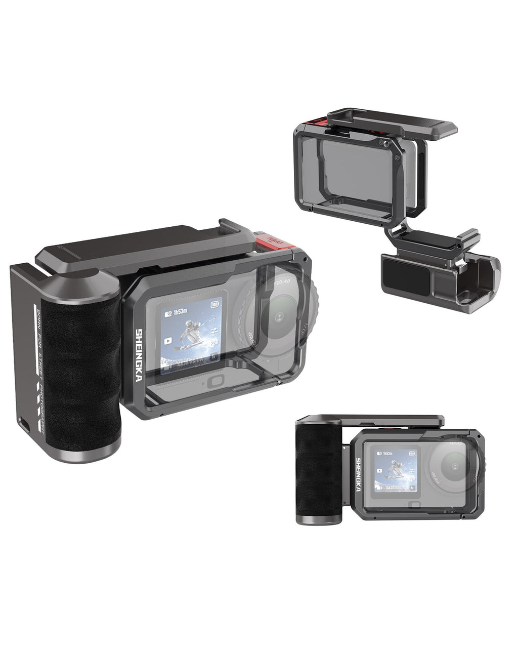 Assembly views of the cage and side handle; camera shown as a transparent illustration, not included