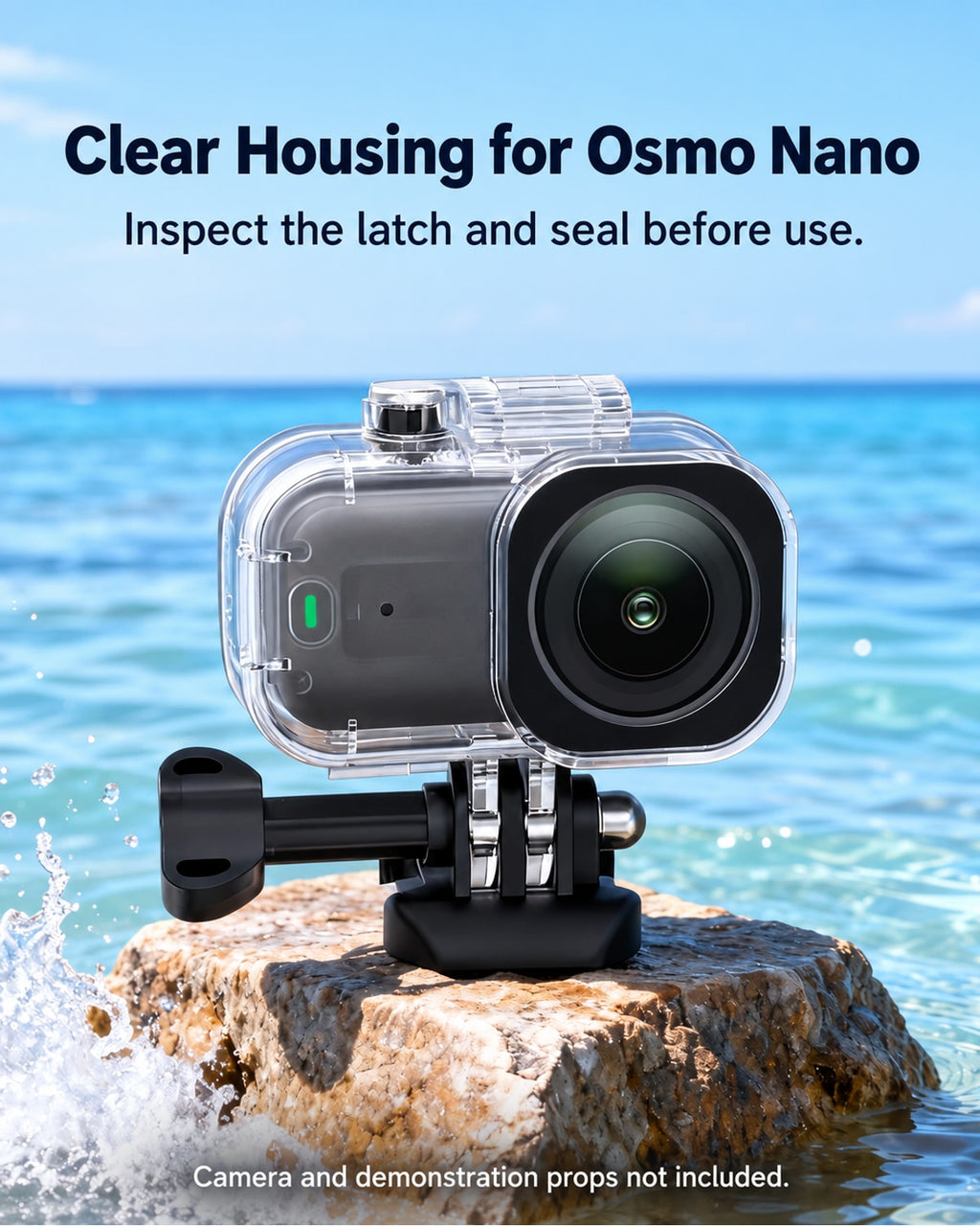 Clear Housing for Osmo Nano. Inspect the latch and seal before use.. Nano accessory detail; camera not included. [FLW-media-S051-220501f7]