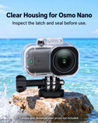 Clear Housing for Osmo Nano. Inspect the latch and seal before use.. Nano accessory detail; camera not included. [FLW-media-S051-220501f7]