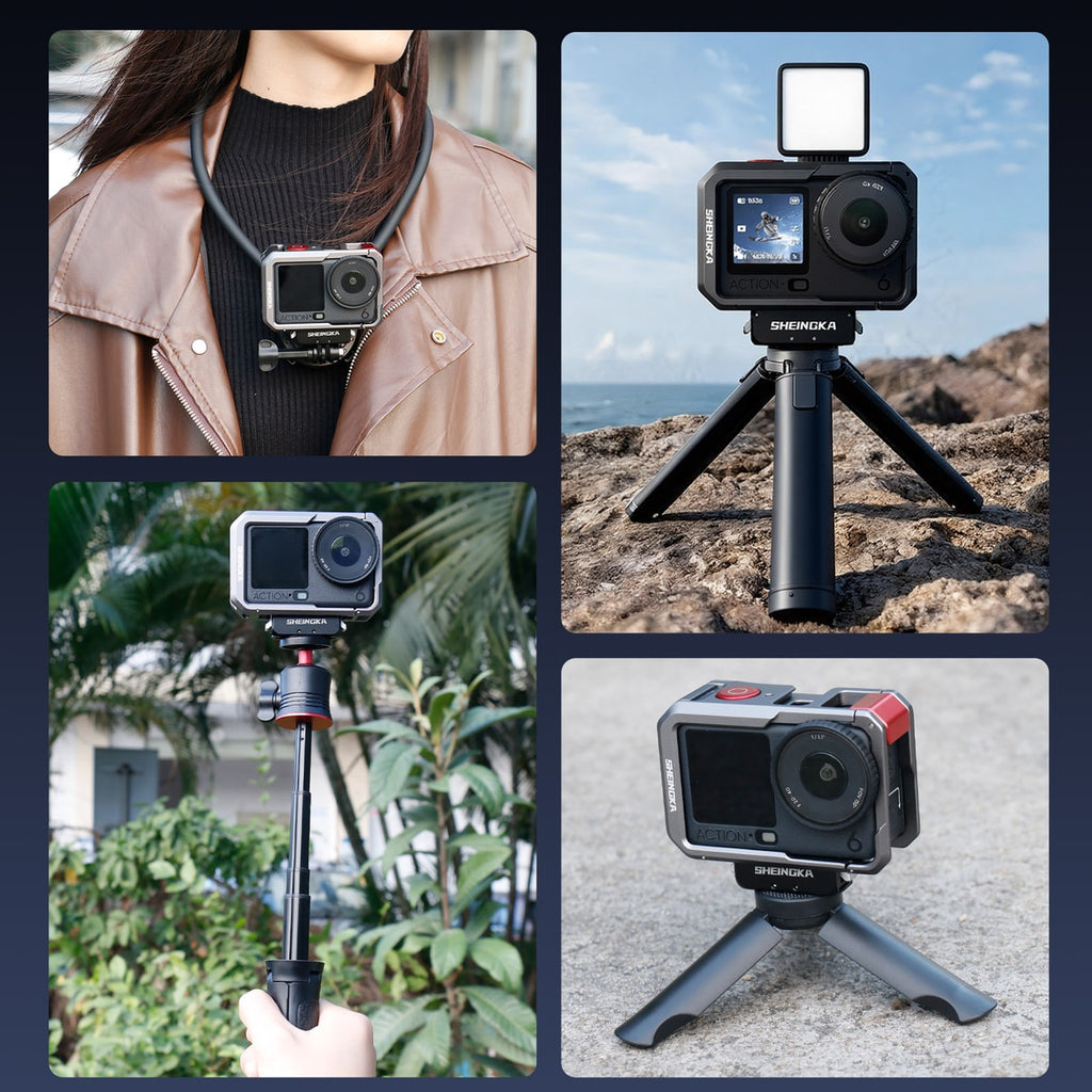 Action 6 cage in example mounting setups; camera, light, mounts and supports are not included